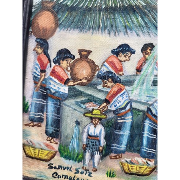 Samuel Sotz Oil on Canvas Painting Comalapa Wash Day Culture Folk Art Guatamalan - Picture 5 of 10